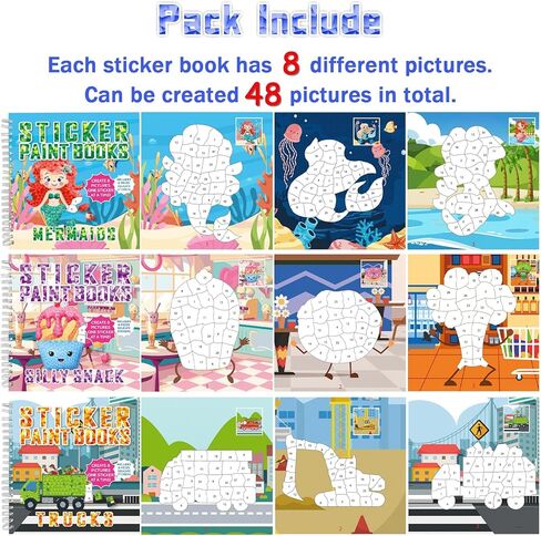 6 Pieces Crafts for Kids Sticker Paint Books Paint by Sticker Crafts Includes Dinosaur Unicorn Ocean Forest Farm Theme 48 Pictures Sticker Books Pack Set for Party Gifts in Kuwait