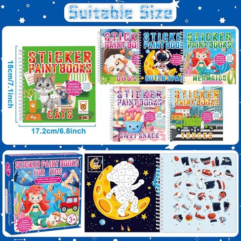 6 Pieces Crafts for Kids Sticker Paint Books Paint by Sticker Crafts Includes Dinosaur Unicorn Ocean Forest Farm Theme 48 Pictures Sticker Books Pack Set for Party Gifts in Kuwait