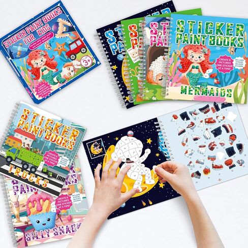 6 Pieces Crafts for Kids Sticker Paint Books Paint by Sticker Crafts Includes Dinosaur Unicorn Ocean Forest Farm Theme 48 Pictures Sticker Books Pack Set for Party Gifts in Kuwait