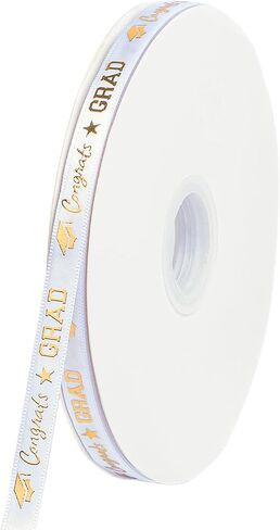 Voeveca Graduation Ribbon,100 Yards x 3/8 Inches Congrats Grad White&Gold Satin Ribbon Use for Gift Wrapping,Graduation Party Decoration (White, 3/8 inch) in Kuwait