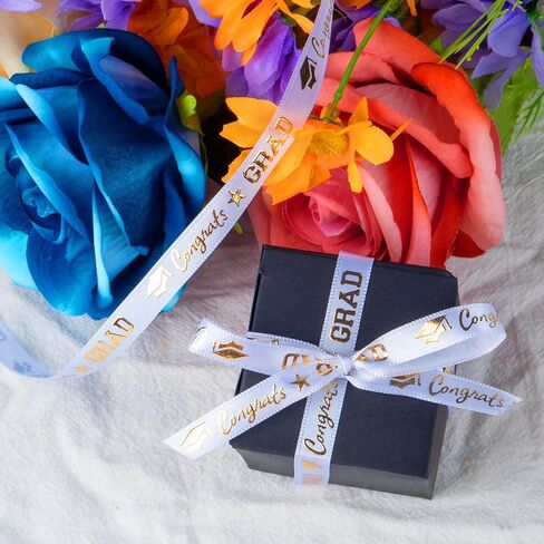 Voeveca Graduation Ribbon,100 Yards x 3/8 Inches Congrats Grad White&Gold Satin Ribbon Use for Gift Wrapping,Graduation Party Decoration (White, 3/8 inch) in Kuwait