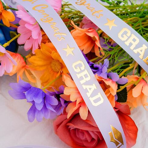 Voeveca Graduation Ribbon,100 Yards x 3/8 Inches Congrats Grad White&Gold Satin Ribbon Use for Gift Wrapping,Graduation Party Decoration (White, 3/8 inch) in Kuwait