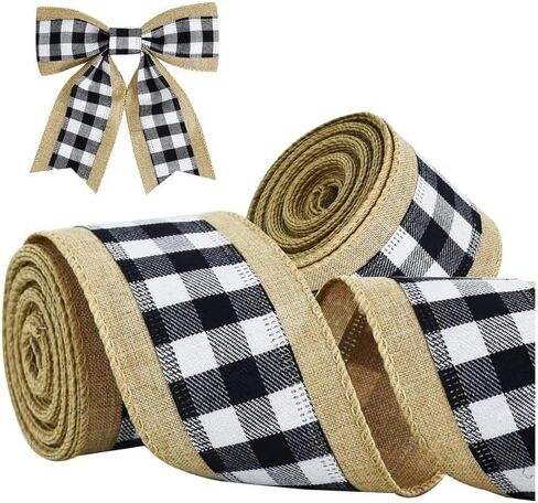TONIFUL 2 Rolls-2.5 Inch Black and White Plaid Check Burlap Ribbon,Burlap Wired Ribbon for Crafts Ornament Wrapping, Bows Making, Room and Party Decoration (6yds/roll) in Saudi Arabia
