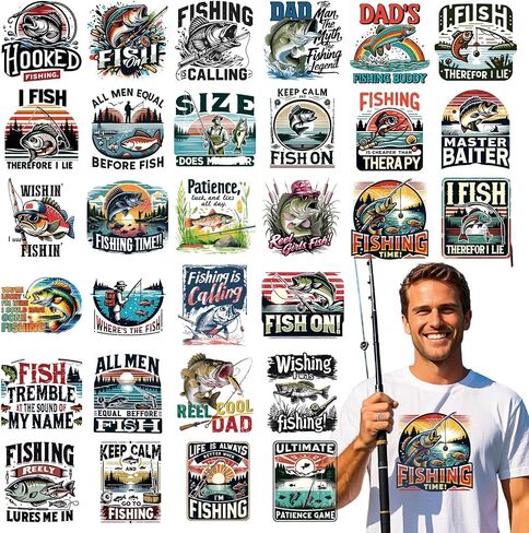 DTF Transfers Ready to Press - 30Pcs Fisihing Iron on Transfers for Tshirts, Gone Fishing Lovers Heat Transfer Vinyl, Iron on Decals Patches Stickers for Clothes Hoodies Pillow Hat DIY Crafts in Kuwait