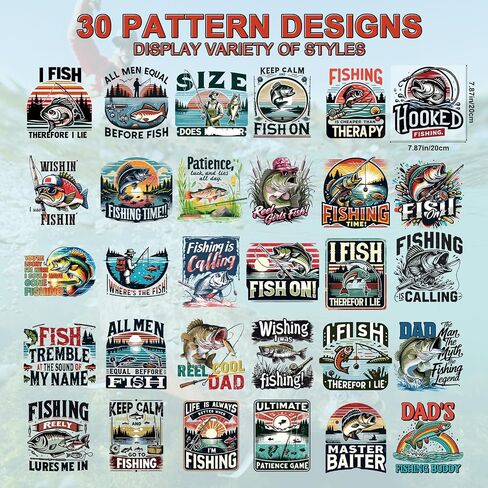 DTF Transfers Ready to Press - 30Pcs Fisihing Iron on Transfers for Tshirts, Gone Fishing Lovers Heat Transfer Vinyl, Iron on Decals Patches Stickers for Clothes Hoodies Pillow Hat DIY Crafts in Kuwait