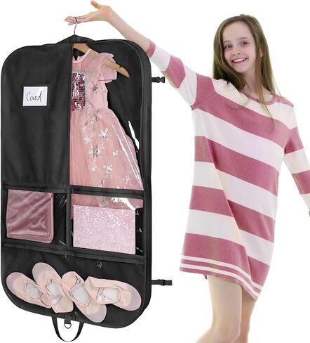 حقيبة ملابس Univivi سوداء لأزياء الرقص مقاس 40 بوصة لمسابقات الرقص، 3 جيوب متوسطة شفافة بسحاب وجيبين خلفيين بسحاب، مع 1 × قلادة، 3 × شارة in Kuwait