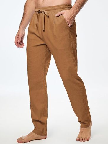 JMIERR Mens Cotton Pants Casual Elastic Waist Drawstring Lightweight Summer Beach Trousers with Pockets in Kuwait