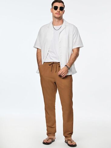 JMIERR Mens Cotton Pants Casual Elastic Waist Drawstring Lightweight Summer Beach Trousers with Pockets in Kuwait