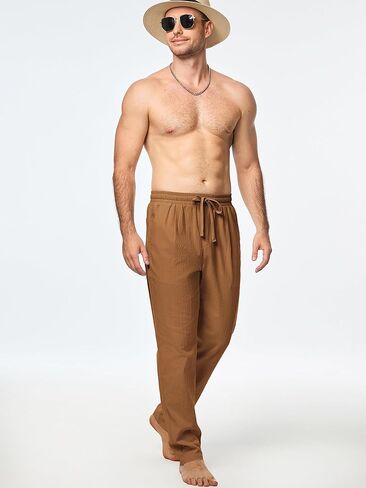 JMIERR Mens Cotton Pants Casual Elastic Waist Drawstring Lightweight Summer Beach Trousers with Pockets in Kuwait