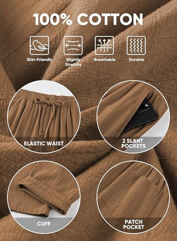 JMIERR Mens Cotton Pants Casual Elastic Waist Drawstring Lightweight Summer Beach Trousers with Pockets in Kuwait