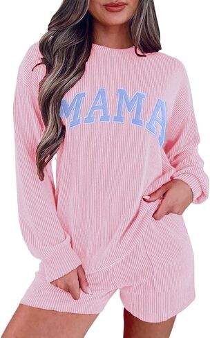 بيجامة عيد الميلاد للسيدات بأكمام طويلة مضلعة وسروال قصير متطابق مع مجموعة ملابس مريحة مع جيوب in Kuwait