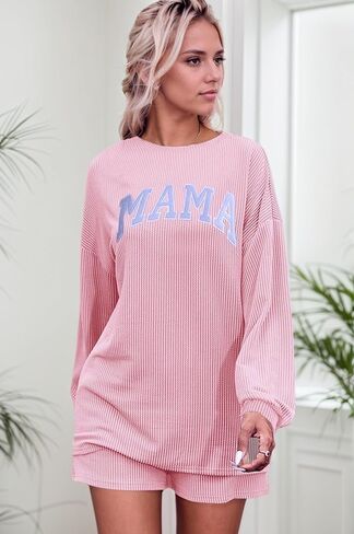 بيجامة عيد الميلاد للسيدات بأكمام طويلة مضلعة وسروال قصير متطابق مع مجموعة ملابس مريحة مع جيوب in Kuwait