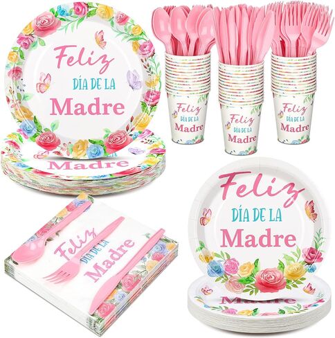 Yungyan 252 PCS عيد الأم أدوات المائدة الإسبانية مجموعة أدوات المائدة Feliz di de la Madre Plates Napkins Forks Knives for Mother's Decorations Supplies 36 ضيفًا in Kuwait