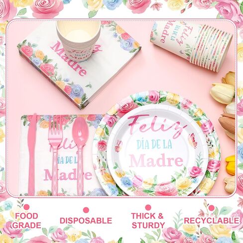 Yungyan 252 PCS عيد الأم أدوات المائدة الإسبانية مجموعة أدوات المائدة Feliz di de la Madre Plates Napkins Forks Knives for Mother's Decorations Supplies 36 ضيفًا in Kuwait