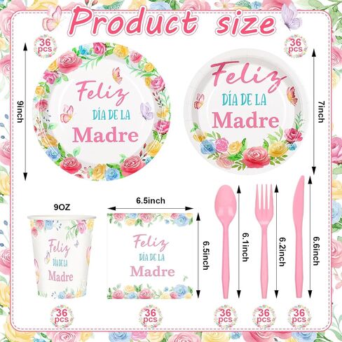 Yungyan 252 PCS عيد الأم أدوات المائدة الإسبانية مجموعة أدوات المائدة Feliz di de la Madre Plates Napkins Forks Knives for Mother's Decorations Supplies 36 ضيفًا in Kuwait