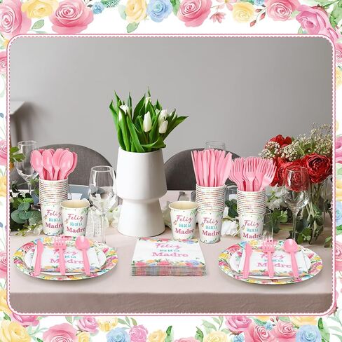 Yungyan 252 PCS عيد الأم أدوات المائدة الإسبانية مجموعة أدوات المائدة Feliz di de la Madre Plates Napkins Forks Knives for Mother's Decorations Supplies 36 ضيفًا in Kuwait