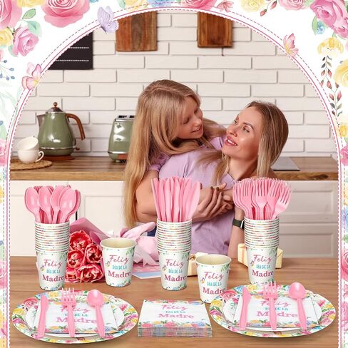 Yungyan 252 PCS عيد الأم أدوات المائدة الإسبانية مجموعة أدوات المائدة Feliz di de la Madre Plates Napkins Forks Knives for Mother's Decorations Supplies 36 ضيفًا in Kuwait