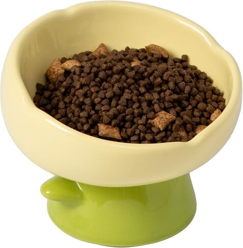 Raised Cat Food Bowl Neck and Whisker Friendly Tulip Shape Elevated Design Ceramic Color Yellow in Kuwait