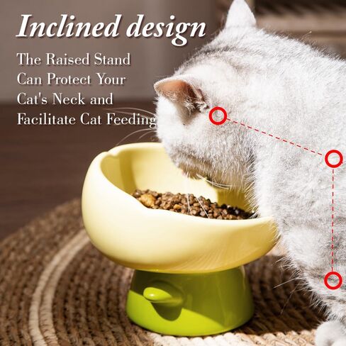 Raised Cat Food Bowl Neck and Whisker Friendly Tulip Shape Elevated Design Ceramic Color Yellow in Kuwait