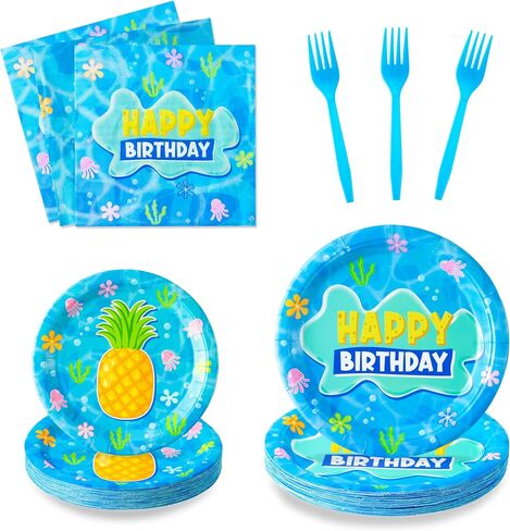 GaofanWai Ocean Pineapple Birthday Tableware - 96PCS Pineapple Party Paper Plate Set for Kids Summer Hawaii Ocean Plates Disposable Dinnerware Paper Napkins Forks for Baby Shower Party Supplies in Saudi Arabia
