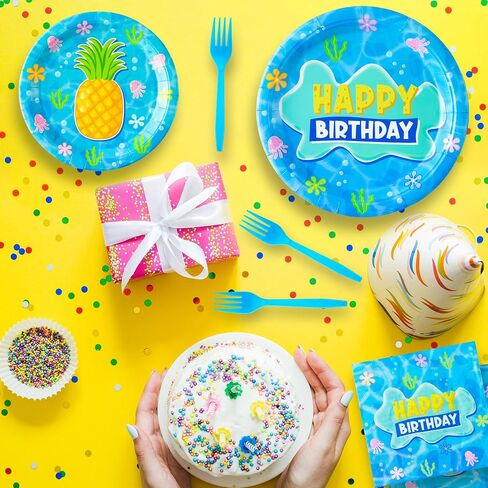 GaofanWai Ocean Pineapple Birthday Tableware - 96PCS Pineapple Party Paper Plate Set for Kids Summer Hawaii Ocean Plates Disposable Dinnerware Paper Napkins Forks for Baby Shower Party Supplies in Saudi Arabia