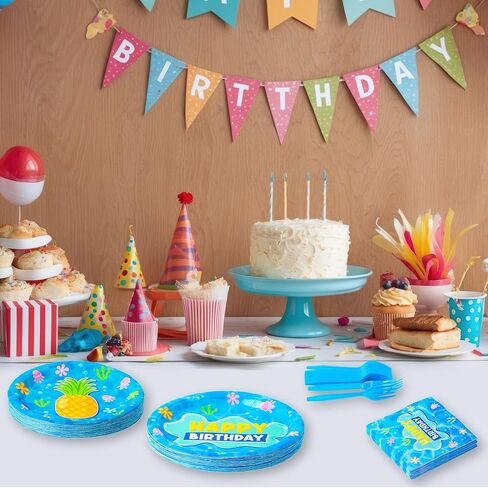 GaofanWai Ocean Pineapple Birthday Tableware - 96PCS Pineapple Party Paper Plate Set for Kids Summer Hawaii Ocean Plates Disposable Dinnerware Paper Napkins Forks for Baby Shower Party Supplies in Saudi Arabia