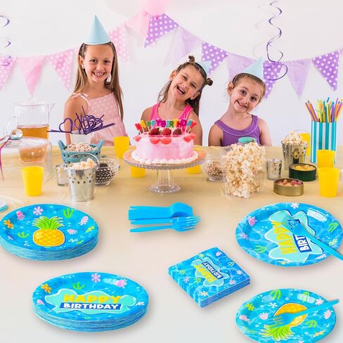 GaofanWai Ocean Pineapple Birthday Tableware - 96PCS Pineapple Party Paper Plate Set for Kids Summer Hawaii Ocean Plates Disposable Dinnerware Paper Napkins Forks for Baby Shower Party Supplies in Saudi Arabia