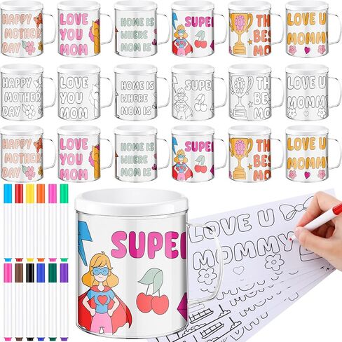 umigy 16 set عيد الميلاد لون أكوابك الخاصة للأطفال 10 أوقية أوقية الحفلات DIY Coffee Mug Craft للأطفال مع 12 علامة ألوان ، ورق التصميم المتحرك لتزويد حفلة عيد الميلاد (الطراز الديني) in Kuwait