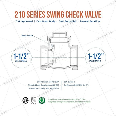 Midline Valve 432U225 Swing Check Valve, Backflow Prevention, Lead-Free 3 in. FIP Connections, Cast Brass, 3 in Saudi Arabia