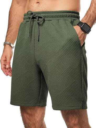 Mens Shorts Casual Elastic Waist Drawstring Geometric Texture Short Summer Beach Vacation Shorts with Pockets in Kuwait
