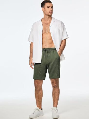 Mens Shorts Casual Elastic Waist Drawstring Geometric Texture Short Summer Beach Vacation Shorts with Pockets in Kuwait