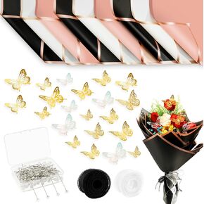 Faswyong 222 Pcs Flower Wrapping Paper Set, 60 Waterproof Floral Bouquet Wrapping Paper, 60 3D Gold Butterfly Decorations, 100 Flower Pins, 2 Ribbons for Flower Shops, Wedding Baby Shower Graduation