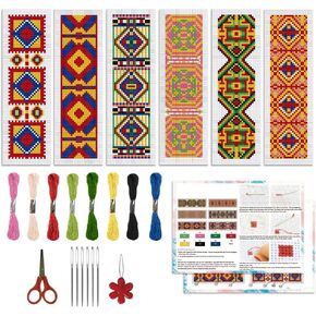 ORIGACH 6 Pcs Cross Stitch Bookmark Kit for Beginner with Backing Felt Floss Instruction Vintage Patterns Background DIY Stamped Embroidery Bookmark Kit for Starter Book Lovers
