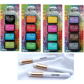 Dylusions Mini Archival Ink Pads by Dyan Reaveley, 16 Pads Including Black Marble, Bubblegum Pink, Calypso Teal, Dirty Martini, Squeezed Orange, Postbox Red, 10 More + 3 Carnora Mini Blending Brushes