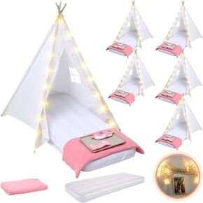 Windyun 6 Pack Kids Teepee Tent Broom مع خفيفة ومخبأة في الهواء ، والقطن الطبيعية طفل اللعب خيمة قابلة للغسل للفتيات الفتيات في الهواء الطلق في الهواء الطلق هدايا عيد ميلاد الحفلات (أبيض)