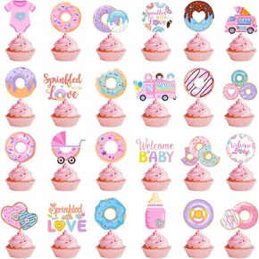 Donut Baby Sprinkle Cupcake Toppers 48pcs رشها مع حب زخارف استحمام الطفل Donut Cupcake يختار Dounut Theme Cake Decorations for Help Baby Party Supplies