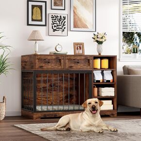 Dog Crate Furniture 47", Large Dog Crate TV Stand with 2 Drawers and 4 Shelves, Wooden Dog Kennel Indoor, Decorative Dog Cage with Storage for Large Dogs, White