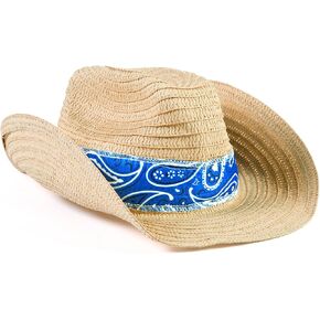Fun Express Cowboy Hat للرجال والنساء - مجموعة من 12 قبعات رعاة البقر القابلة للغسل مع باندانا الأزرق - مثالية للأحداث ذات الطابع الغربي وللأطراف من أي حجم - جودة متميزة ، مريحة ودائمة