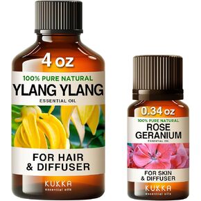زيت Ylang Ylang الأساسي للناشر (4 أوقية أوقية) وزيت إبرة الراعي الوردية للجلد (0.34 Fl Oz) - مجموعة من الزيوت العطرية للعلاج العطري 100 ٪ - Kukka - Kukka