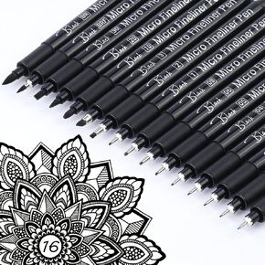 Kerifi Micro Fineliner Drawing Ambens للفنانين ، 16 علامات بطانة سوداء فاخرة ، وأقلام متعددة الحبر المقاوم للماء ، وملحقات كتب Mandala Zentangle التقنية ، واللوازم الفنية هدايا للبالغين