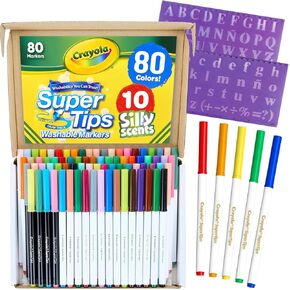تضم مجموعة Mega Deals Super Tips Marker 80 علامة قابلة للغسل للأطفال ، و 10 علامات ذات رائحة كريهة ، و 2 أحرف من الإستنسل للأطفال ، وحزمة كبيرة ، وأبجدية الاستنسل