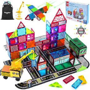 Theefun Magnetic Tiles Road Set 70pcs Double Side City Magnet Toy with Crane Car Include 56 Magnetic Blocks, 13 Magnet Toppers, 1 Stroage Bag STEM Construction Gift for Kids Toddlers 3+ Years Old