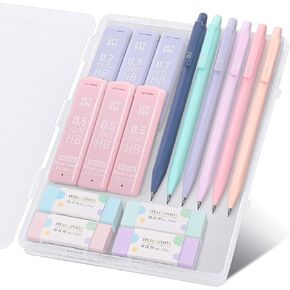 SKYDUE Cute Mechanical Pencil Set with Case – 6PCS 0.5mm & 0.7mm Mechanical Pencils, 360PCS HB Lead Refills, 4PCS Pastel Erasers, Aesthetic School Supplies for Writing, Drawing & Sketching