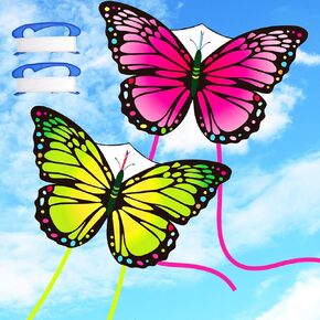 2 PCS Kites Butterfly Kite 55 "× 28" الطائرات الورقية الكبيرة مع سلسلة طائرة ورقية شاطئ ملونة 328 قدم للبالغين المبتدئين في الهواء الطلق (الأرجواني والبرتقالي)