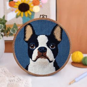 DIY Punch Needle Kits Cute Boston Boston Terrier Dog سهلة للمبتدئين المبتدئين في بداية إبرة مجموعة لمحبي الحرفية مع طوق للديكور المنزلي 20x20cm-5