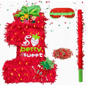 الفراولة Piñata Strawberry 1st Birthday Piñata ، فاكهة الصيف بيناتا مع عصا عصب وعصا للبنات الفتيان موضوع عيد ميلاد ديكورات حفلات الاستحمام الطفل (الفراولة 1)