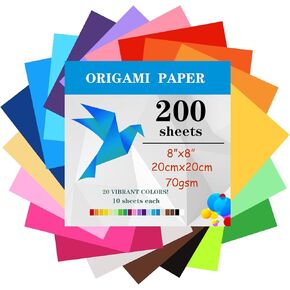 200 Sheets Origami Paper, 20x20 cm/8 Inch Origami Paper Double Sided(70gsm), 20 Colors Large Origami Paper Squares for Kids DIY School Arts Crafts Projects Children Adults