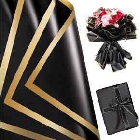 25 Sheets Flower Wrapping Paper, Bouquet Wrapping Paper Waterproof Black Floral Paper Gold Trim for Mother's Day Birthday Graduate Party Gift Box Packaging DIY Crafts