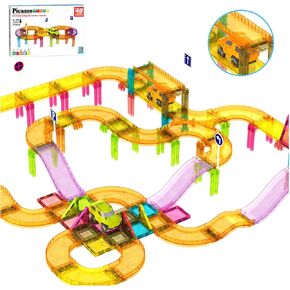 Picassotiles 60pc سباق Car Track Trame Magnetic Tiles Travel Tower Sensory Magnet Tile Tile Tile For Toddlers STER التعليمية التعليمية PRADCHOOL PLAY BLACKS CONCHAIN