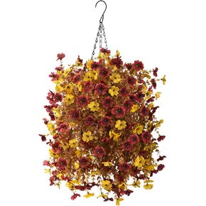 Artificial Faux Hanging Plants Flowers Basket for Fall Outdoor Decoration,Fake Silk Orange Mums planters UV Resistant Look Real for Home Porch Patio Balcony Yard Autumn Decor (Orange Brown)
